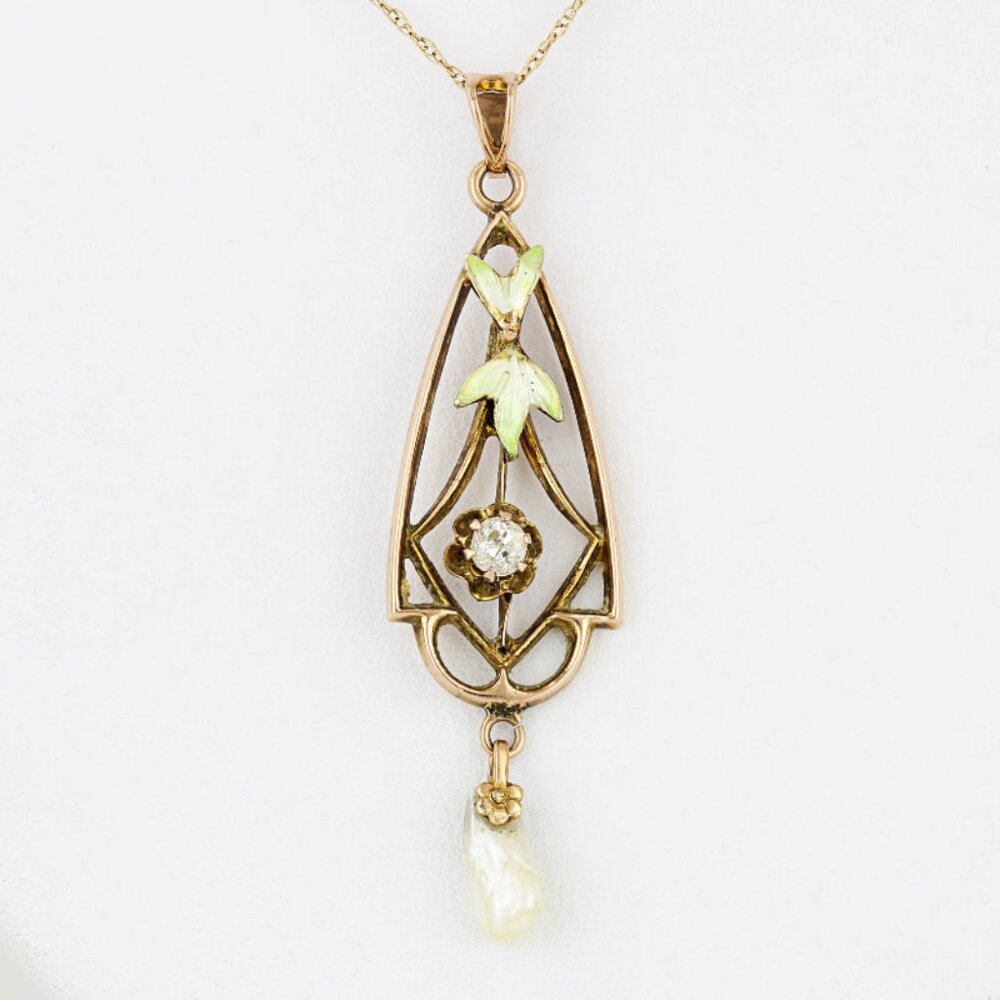 Antique Art Nouveau 10K Gold Enamel Diamond Pearl Pendant c.1905 Floral Drop